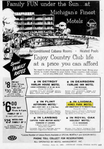 Hines Park Motel - 1961 Ad For Golden Key Lodging